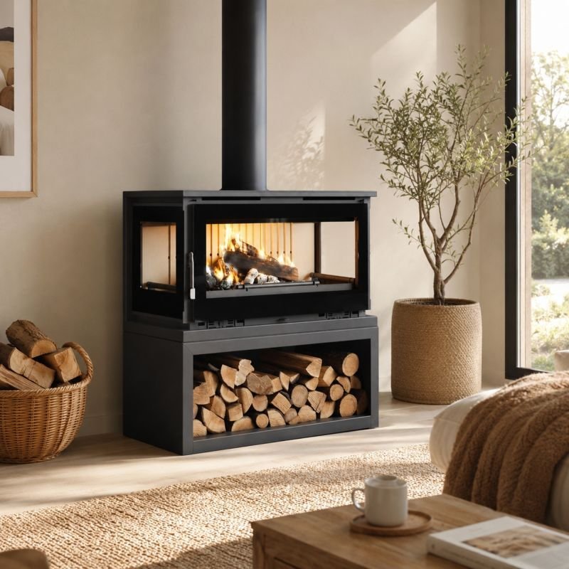 Holzofen anschließbar 3 Sichtscheiben mit Holzfach – FIREMATIC Calgary – L 13.5 kW – Produktansicht 1