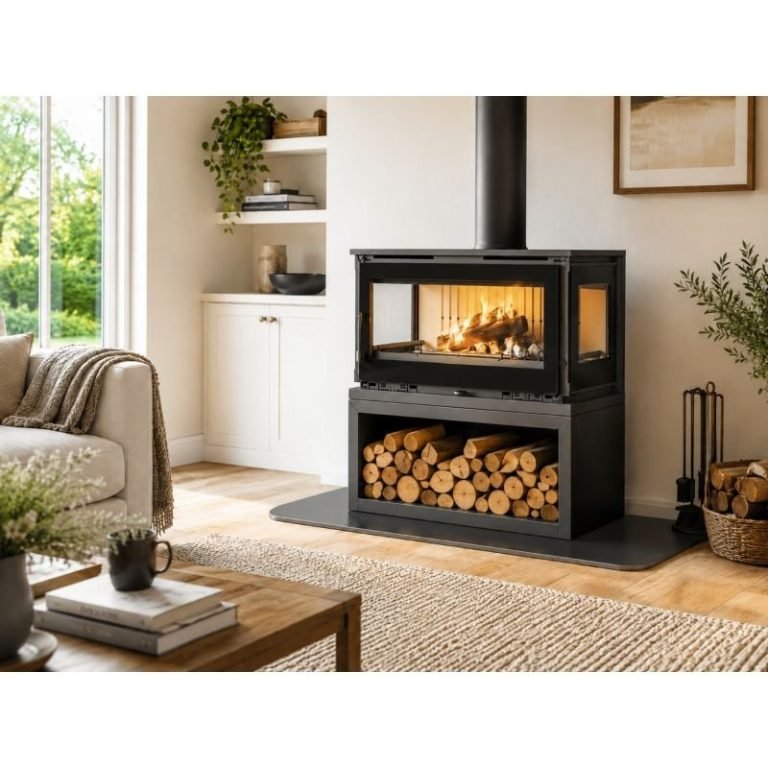 Holzofen anschließbar 3 Sichtscheiben mit Holzfach – FIREMATIC Calgary – S 12.5 kW – Produktansicht 1